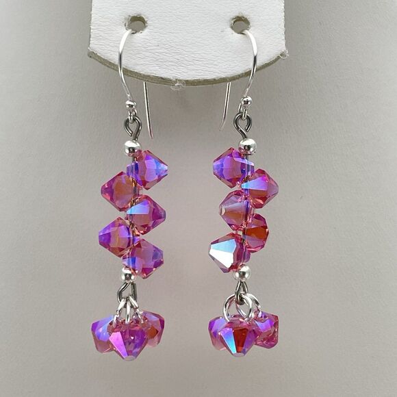 Made With Swarovski Crystal Pink AB Teardrops Sterling Silver Earrings Dangle - Picture 1 of 7